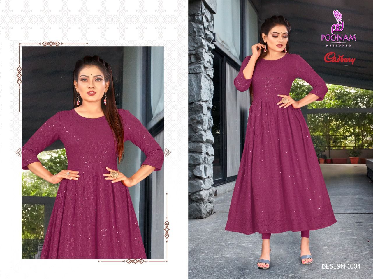Poonam Gown Cadbury Rayon Lucknowi Ethnic Wear Fancy Anarklai Kurti Collection